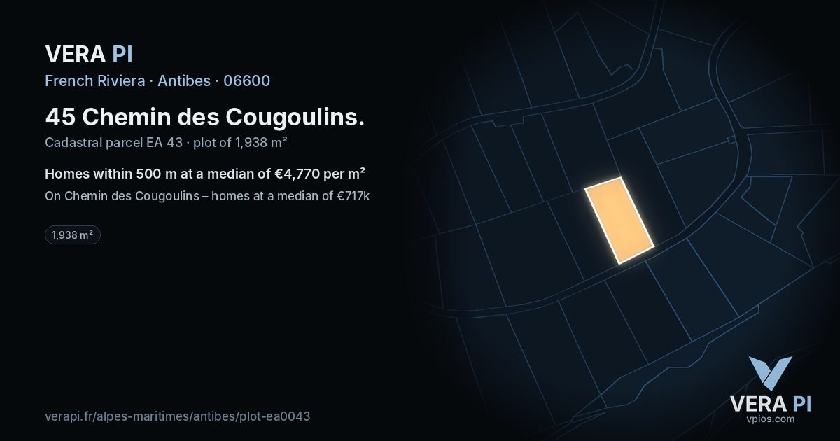 45 Chemin des Cougoulins, Antibes at night – the plot lit, the parcels around coloured by the prices near them