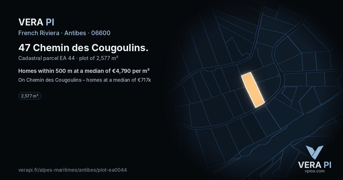 47 Chemin des Cougoulins, Antibes at night – the plot lit, the parcels around coloured by the prices near them