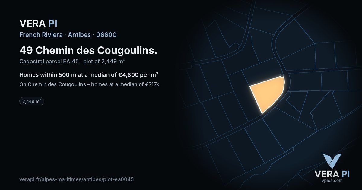 49 Chemin des Cougoulins, Antibes at night – the plot lit, the parcels around coloured by the prices near them