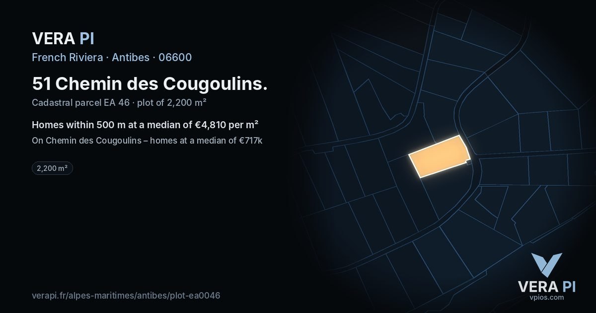 51 Chemin des Cougoulins, Antibes at night – the plot lit, the parcels around coloured by the prices near them
