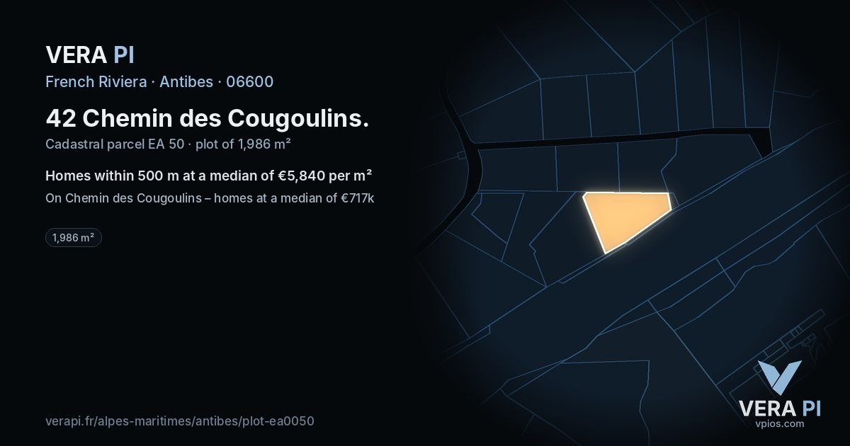 42 Chemin des Cougoulins, Antibes at night – the plot lit, the parcels around coloured by the prices near them