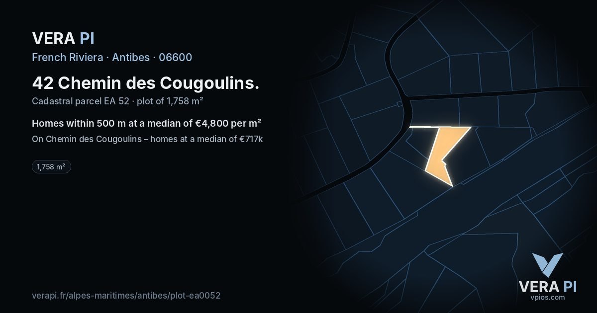42 Chemin des Cougoulins, Antibes at night – the plot lit, the parcels around coloured by the prices near them