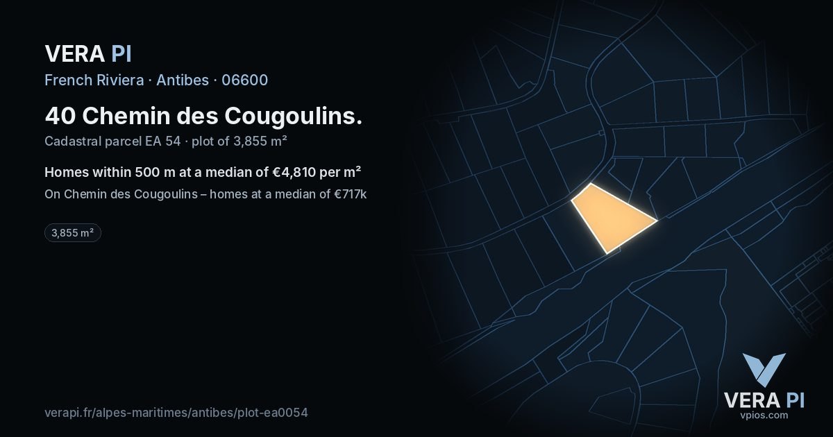 40 Chemin des Cougoulins, Antibes at night – the plot lit, the parcels around coloured by the prices near them