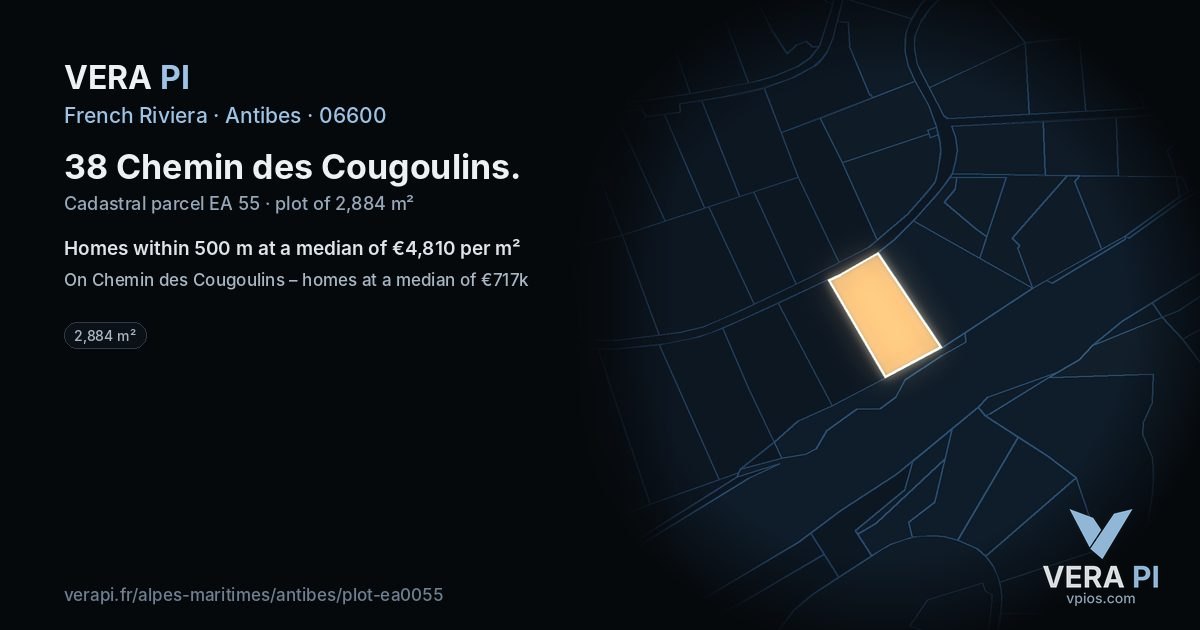 38 Chemin des Cougoulins, Antibes at night – the plot lit, the parcels around coloured by the prices near them