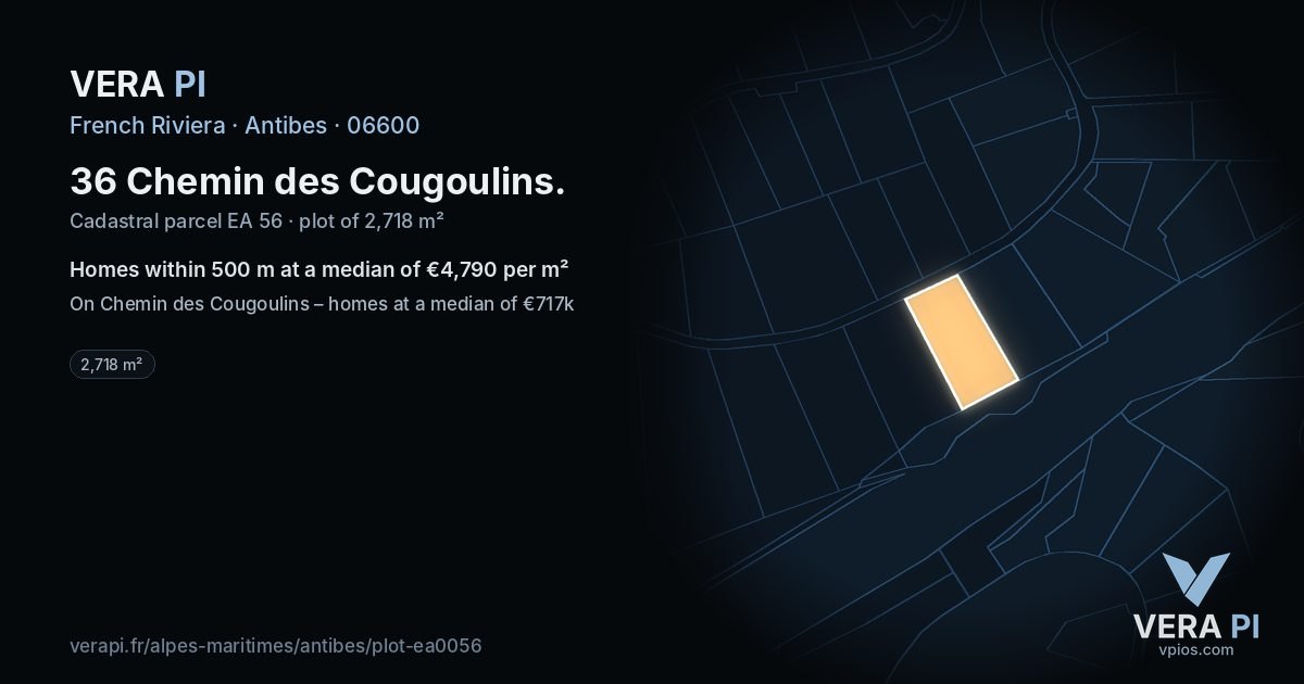 36 Chemin des Cougoulins, Antibes at night – the plot lit, the parcels around coloured by the prices near them