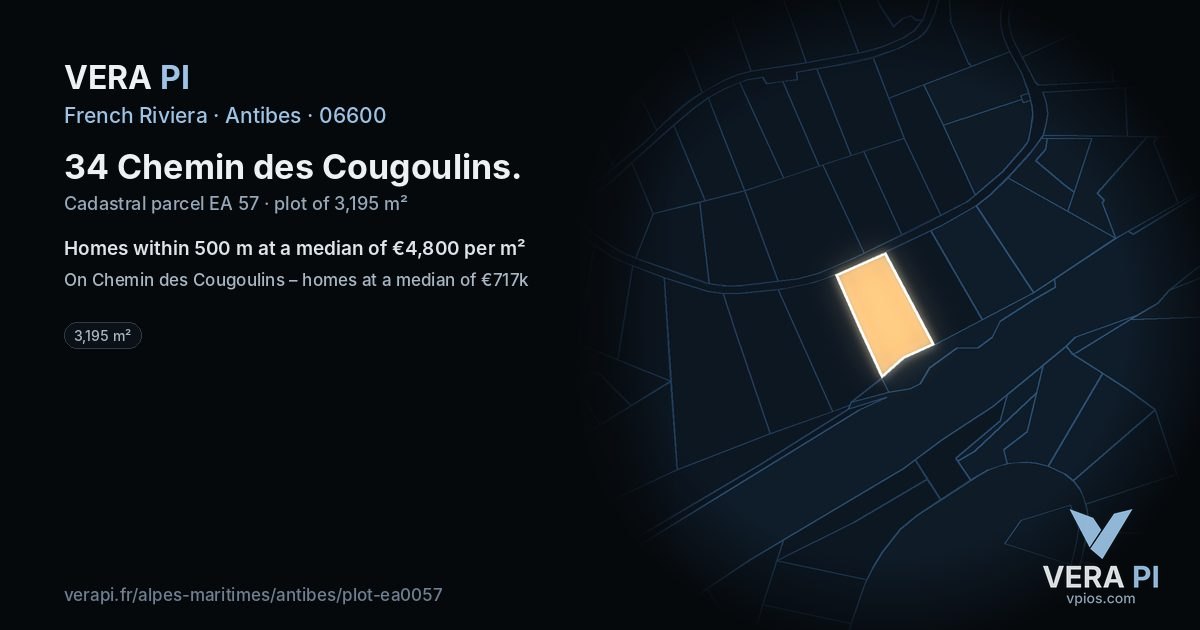 34 Chemin des Cougoulins, Antibes at night – the plot lit, the parcels around coloured by the prices near them