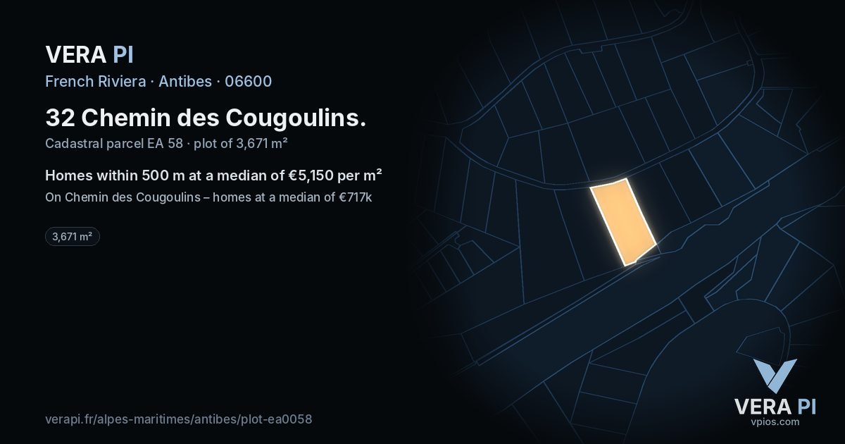 32 Chemin des Cougoulins, Antibes at night – the plot lit, the parcels around coloured by the prices near them