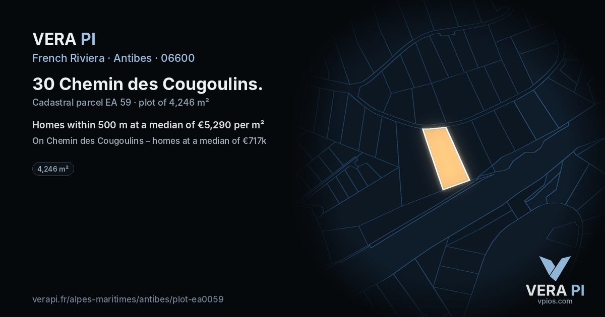 30 Chemin des Cougoulins, Antibes at night – the plot lit, the parcels around coloured by the prices near them