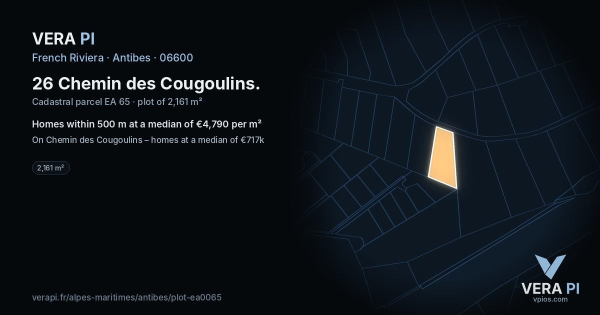 26 Chemin des Cougoulins, Antibes at night – the plot lit, the parcels around coloured by the prices near them
