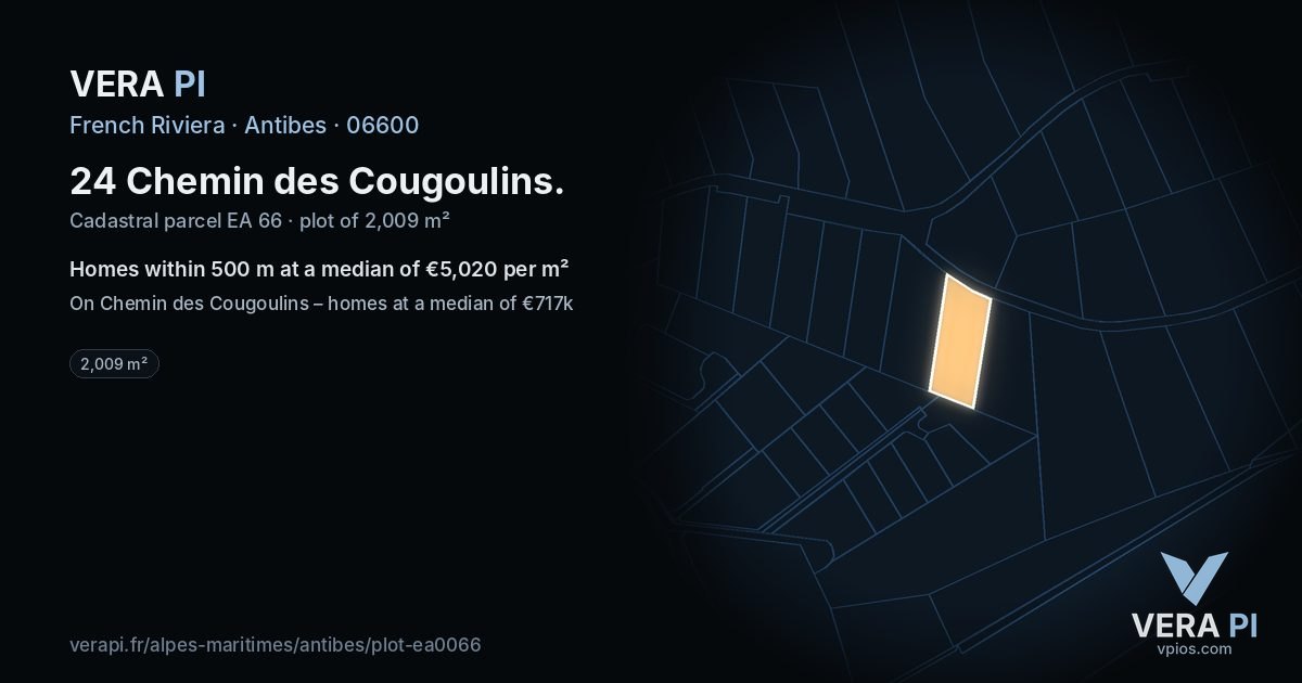24 Chemin des Cougoulins, Antibes at night – the plot lit, the parcels around coloured by the prices near them