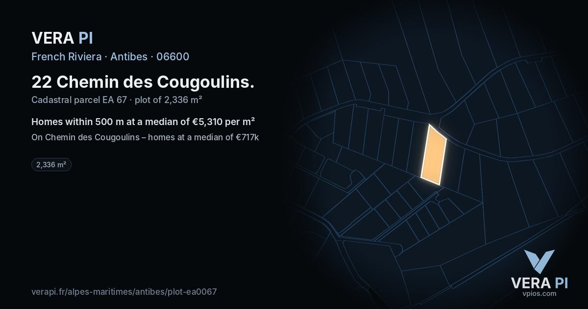 22 Chemin des Cougoulins, Antibes at night – the plot lit, the parcels around coloured by the prices near them