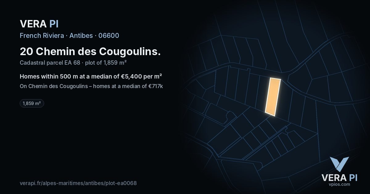 20 Chemin des Cougoulins, Antibes at night – the plot lit, the parcels around coloured by the prices near them