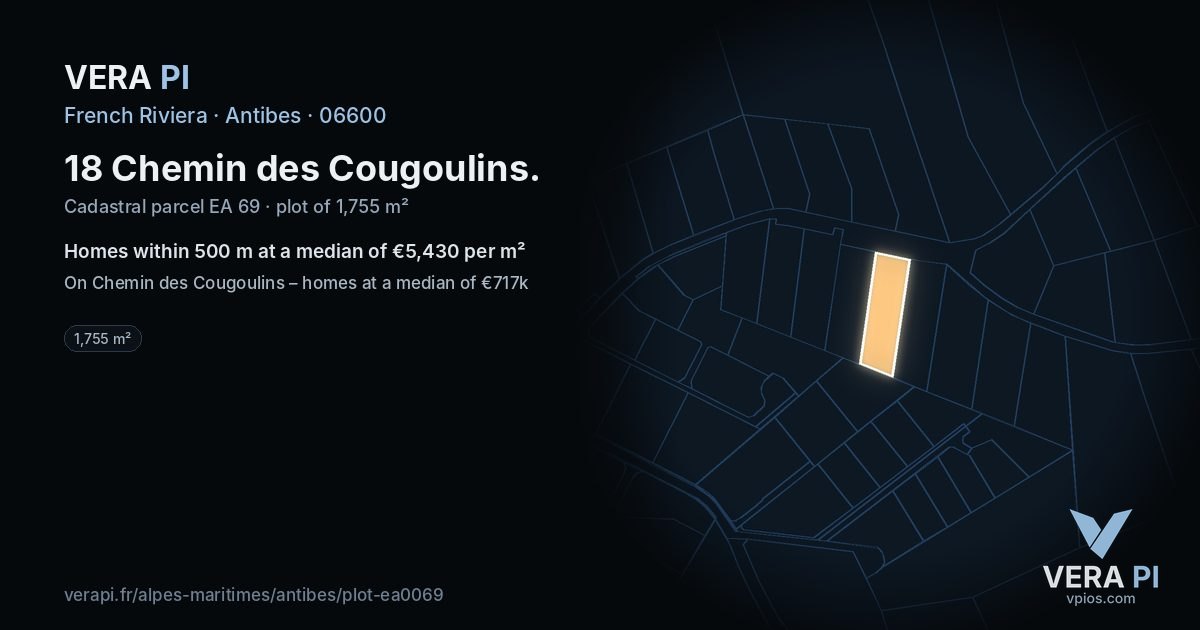18 Chemin des Cougoulins, Antibes at night – the plot lit, the parcels around coloured by the prices near them