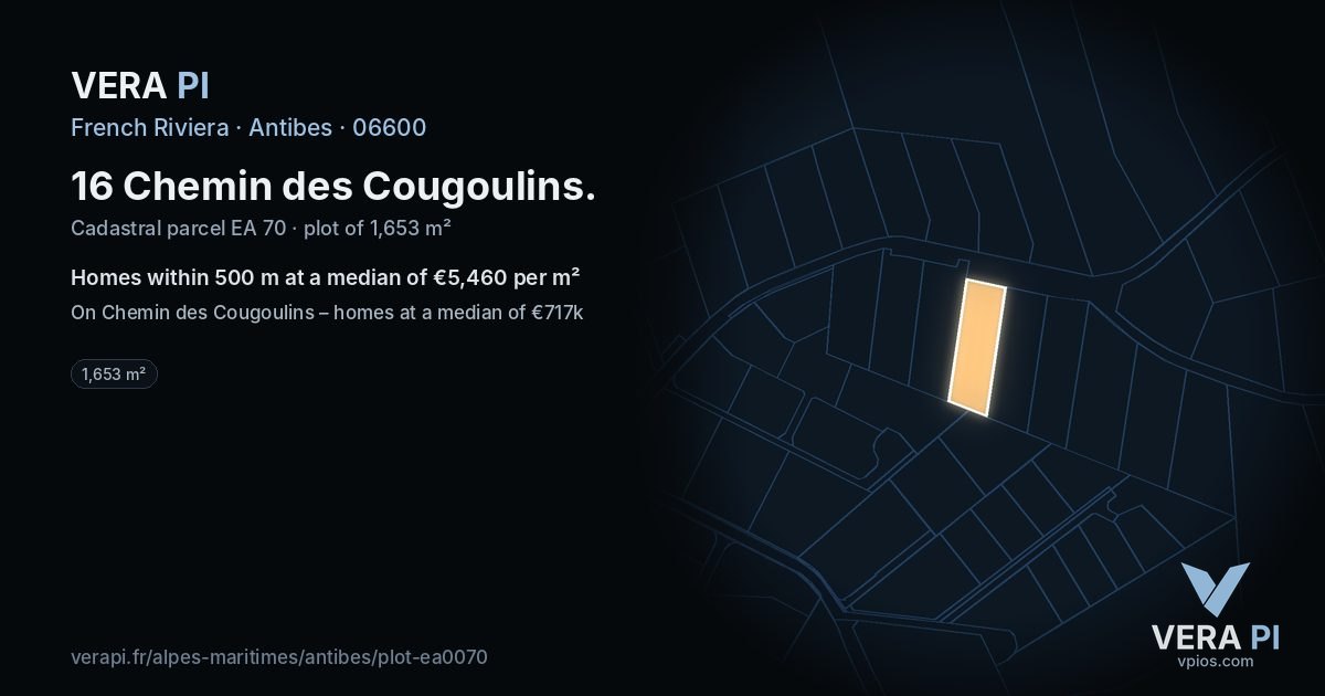 16 Chemin des Cougoulins, Antibes at night – the plot lit, the parcels around coloured by the prices near them