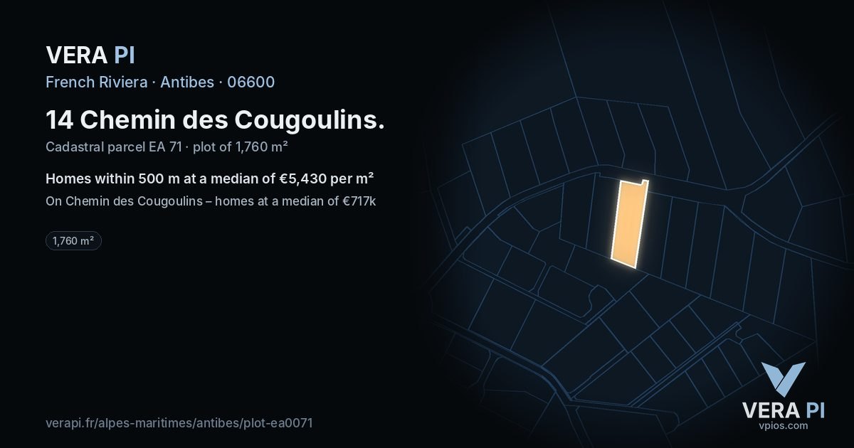 14 Chemin des Cougoulins, Antibes at night – the plot lit, the parcels around coloured by the prices near them