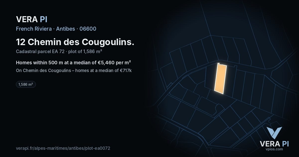 12 Chemin des Cougoulins, Antibes at night – the plot lit, the parcels around coloured by the prices near them