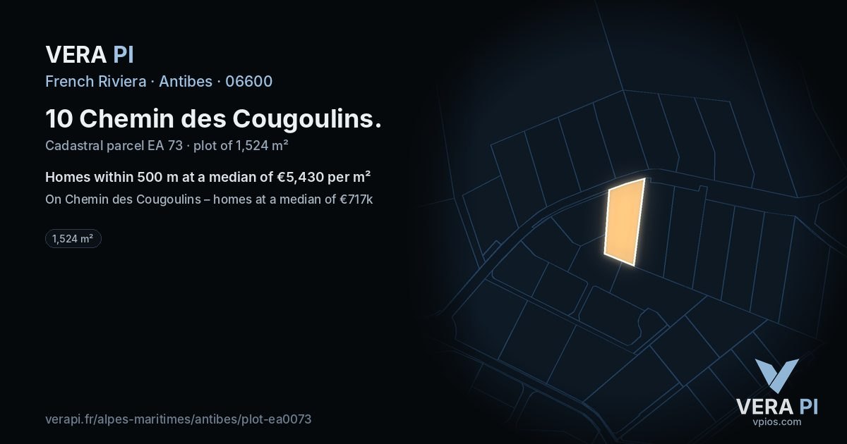 10 Chemin des Cougoulins, Antibes at night – the plot lit, the parcels around coloured by the prices near them