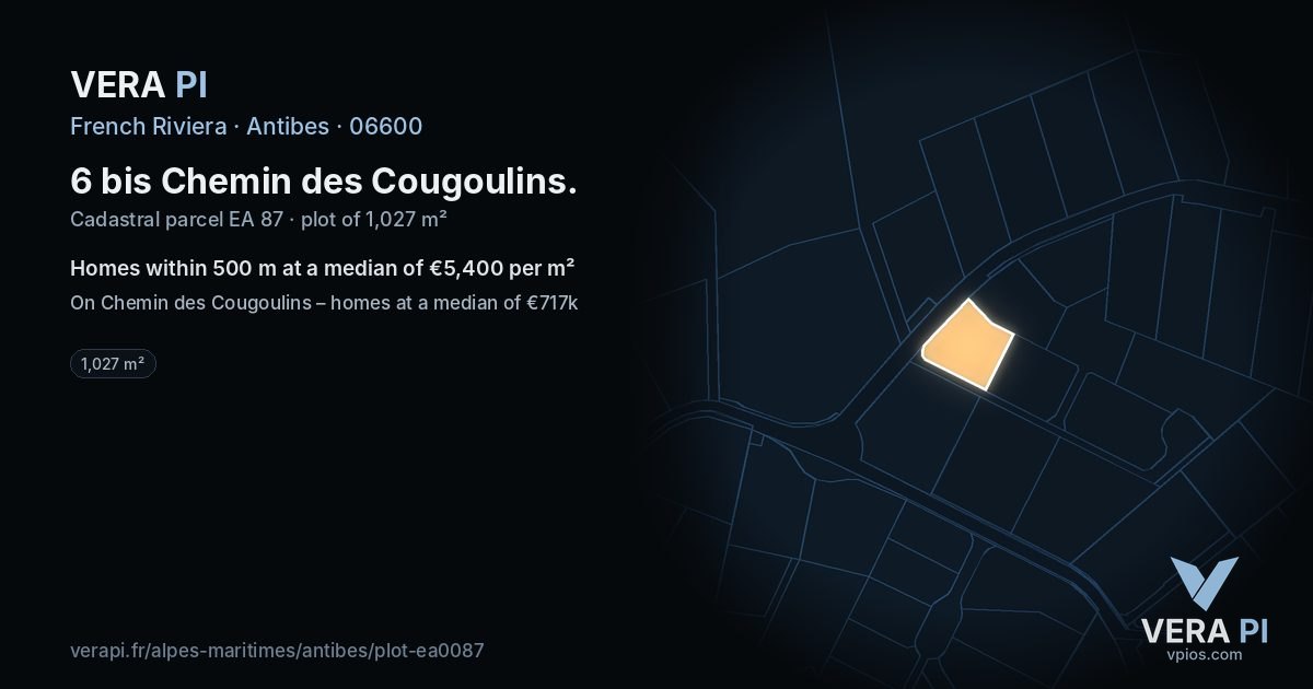 6 bis Chemin des Cougoulins, Antibes at night – the plot lit, the parcels around coloured by the prices near them