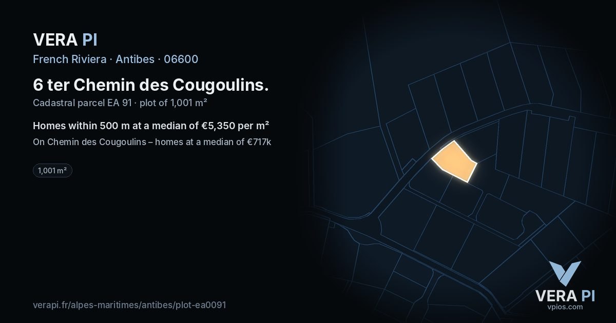 6 ter Chemin des Cougoulins, Antibes at night – the plot lit, the parcels around coloured by the prices near them