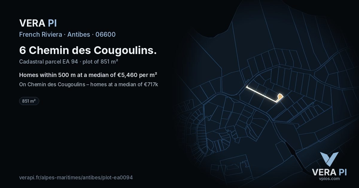 6 Chemin des Cougoulins, Antibes at night – the plot lit, the parcels around coloured by the prices near them
