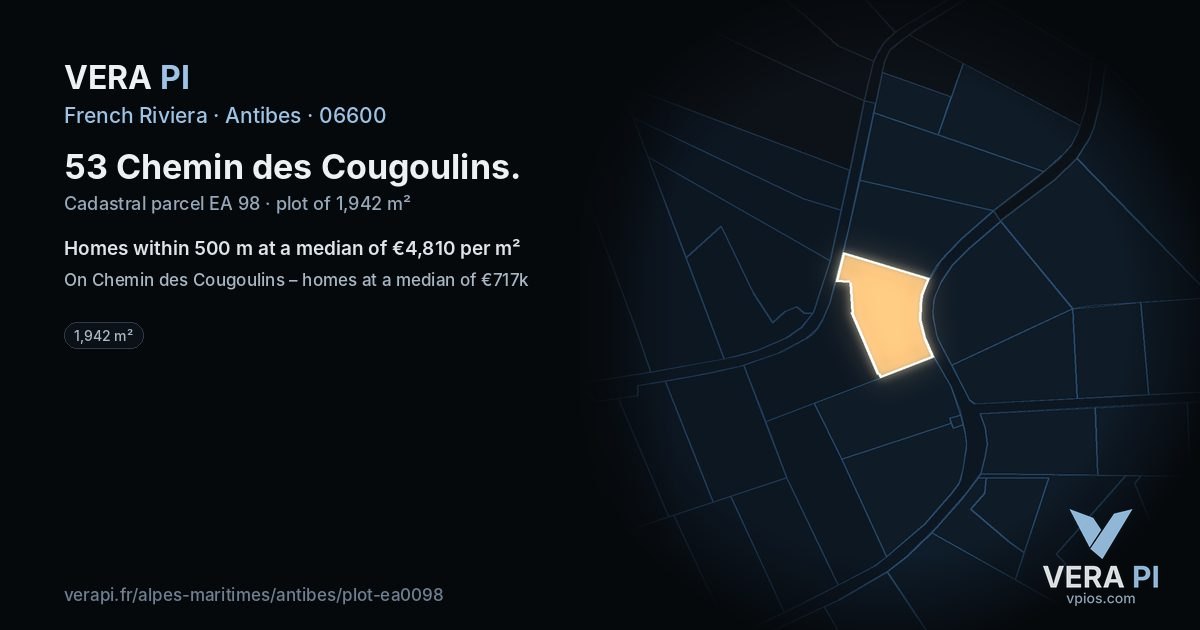 53 Chemin des Cougoulins, Antibes at night – the plot lit, the parcels around coloured by the prices near them