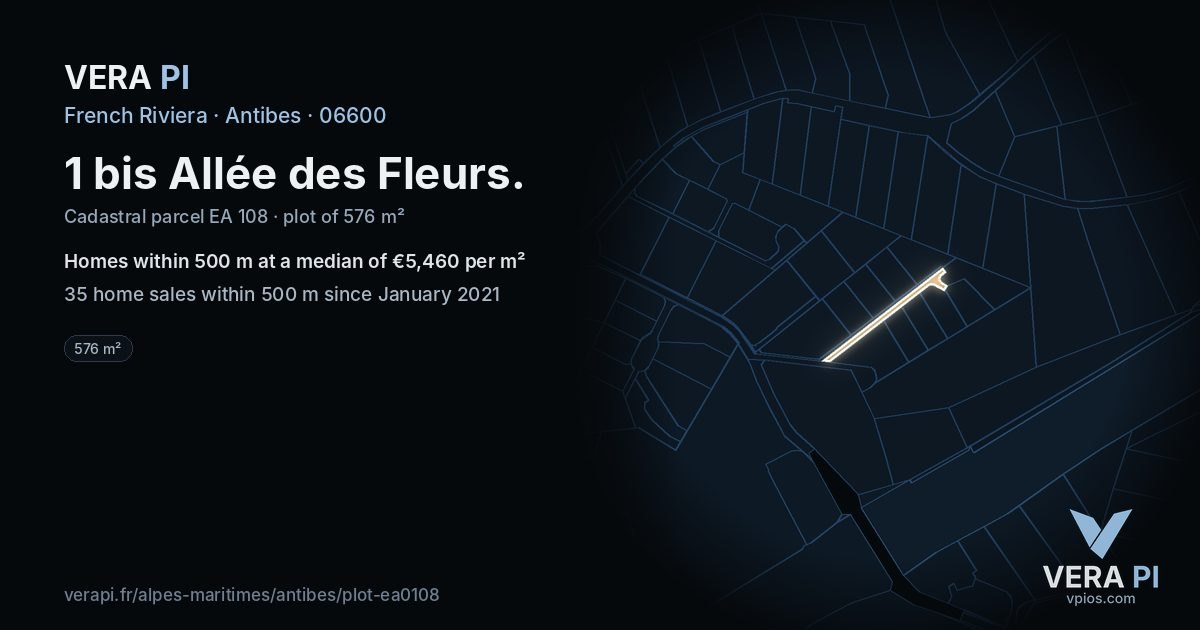 1 bis Allée des Fleurs, Antibes at night – the plot lit, the parcels around coloured by the prices near them