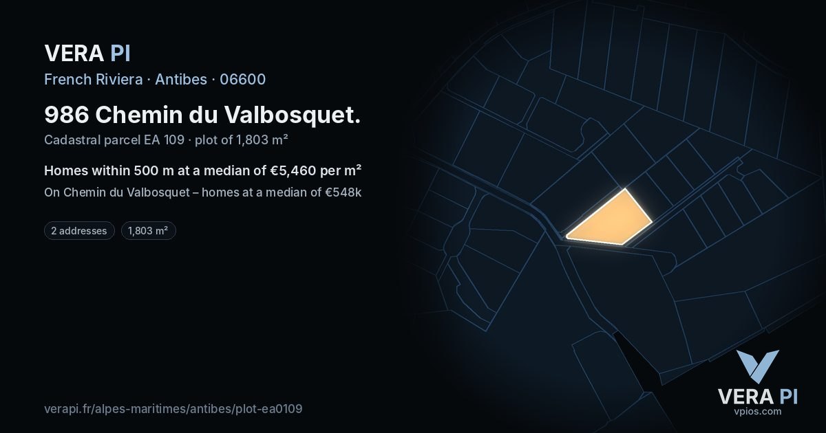 986 Chemin du Valbosquet, Antibes at night – the plot lit, the parcels around coloured by the prices near them