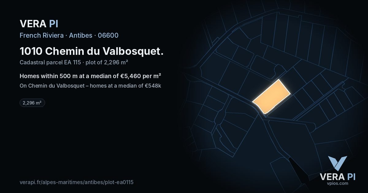 1010 Chemin du Valbosquet, Antibes at night – the plot lit, the parcels around coloured by the prices near them