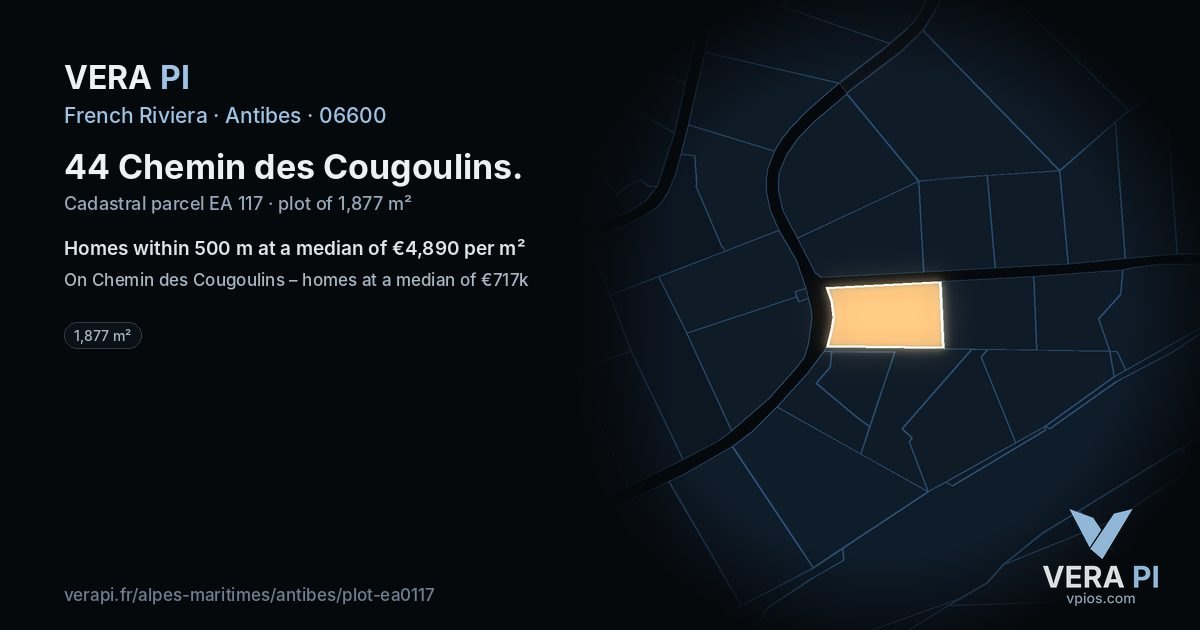 44 Chemin des Cougoulins, Antibes at night – the plot lit, the parcels around coloured by the prices near them