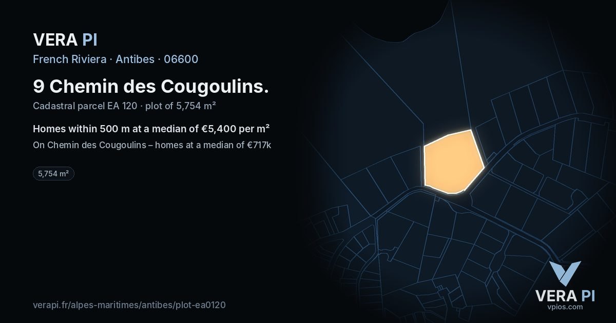 9 Chemin des Cougoulins, Antibes at night – the plot lit, the parcels around coloured by the prices near them