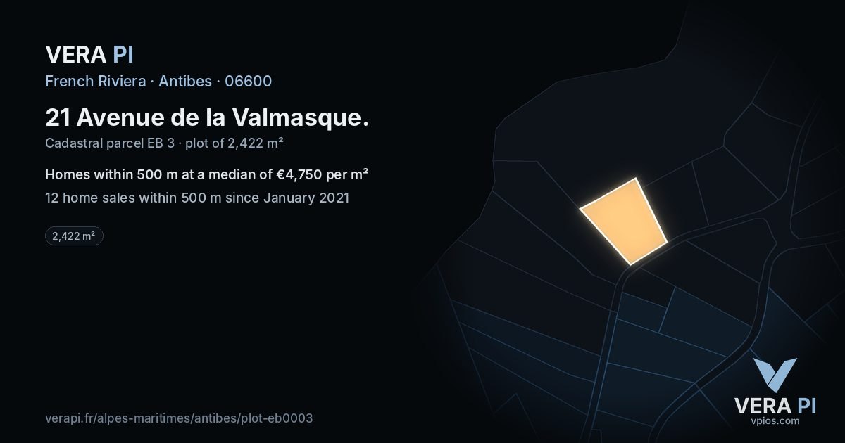21 Avenue de la Valmasque, Antibes at night – the plot lit, the parcels around coloured by the prices near them