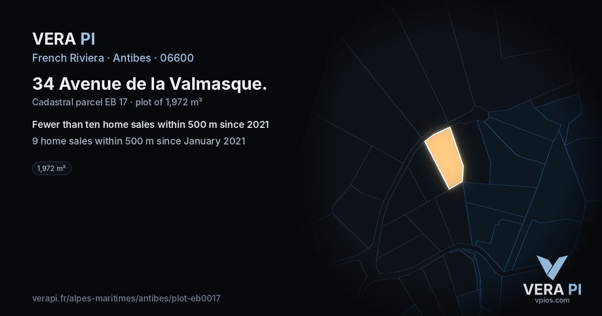 34 Avenue de la Valmasque, Antibes at night – the plot lit, the parcels around coloured by the prices near them