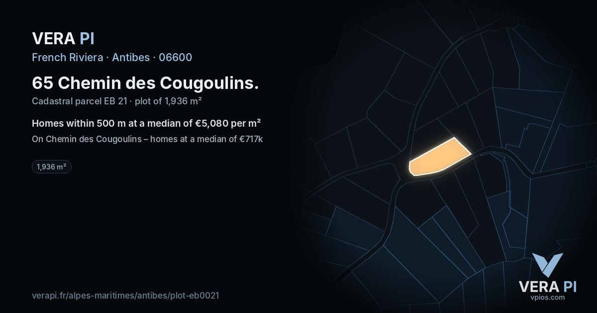65 Chemin des Cougoulins, Antibes at night – the plot lit, the parcels around coloured by the prices near them