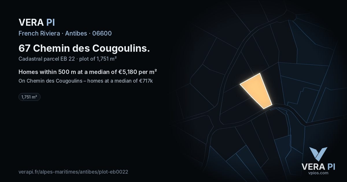 67 Chemin des Cougoulins, Antibes at night – the plot lit, the parcels around coloured by the prices near them