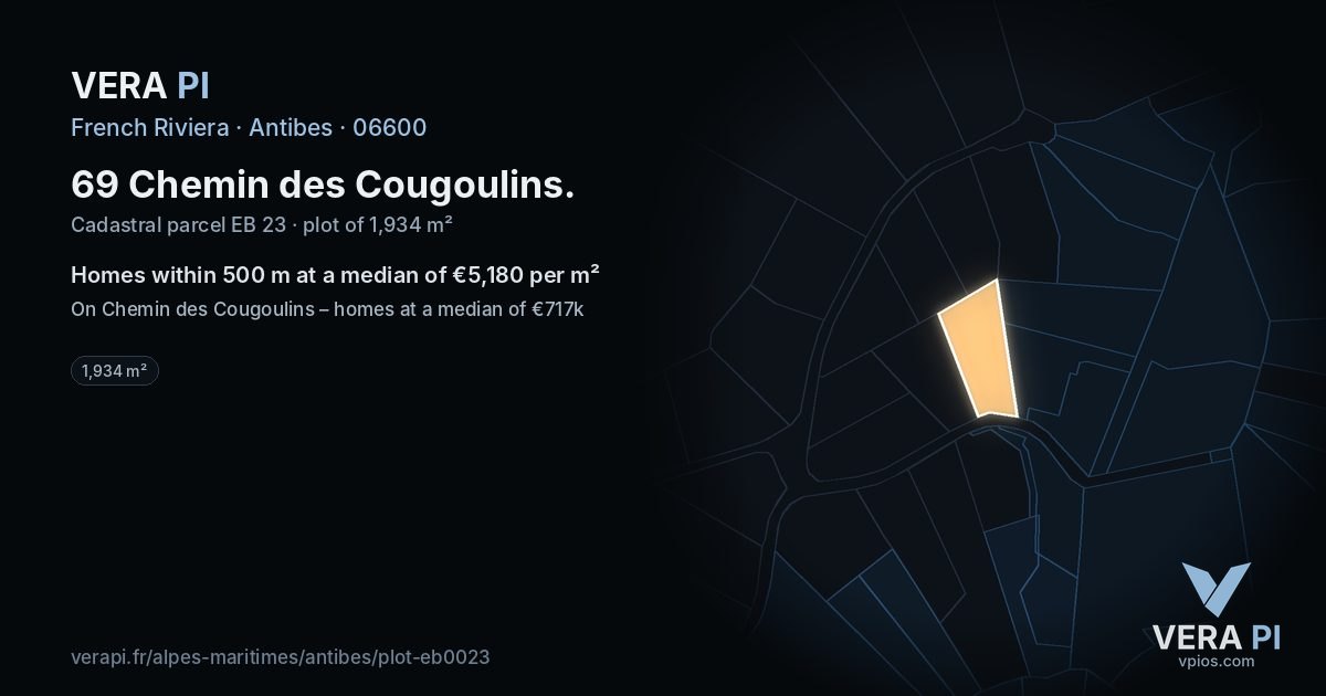 69 Chemin des Cougoulins, Antibes at night – the plot lit, the parcels around coloured by the prices near them