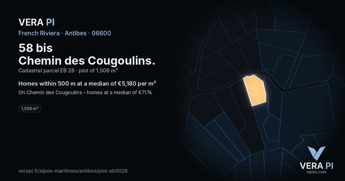 58 bis Chemin des Cougoulins, Antibes at night – the plot lit, the parcels around coloured by the prices near them
