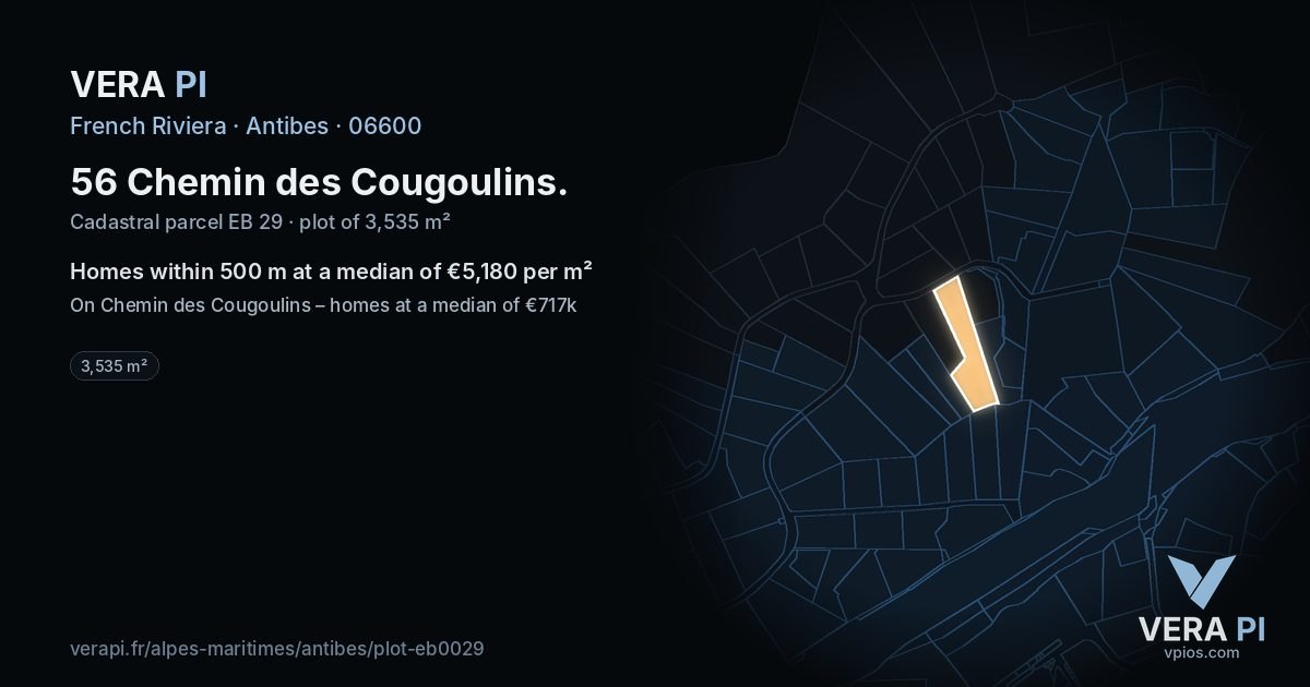 56 Chemin des Cougoulins, Antibes at night – the plot lit, the parcels around coloured by the prices near them