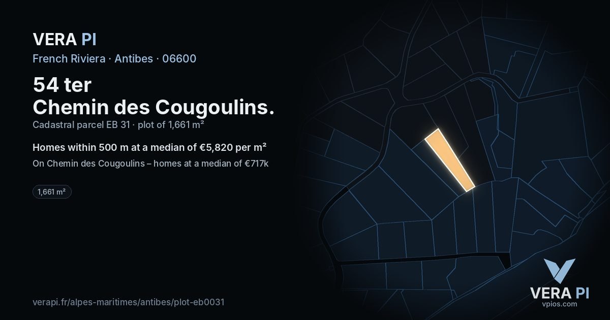 54 ter Chemin des Cougoulins, Antibes at night – the plot lit, the parcels around coloured by the prices near them