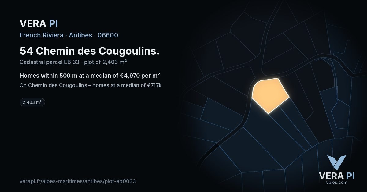 54 Chemin des Cougoulins, Antibes at night – the plot lit, the parcels around coloured by the prices near them