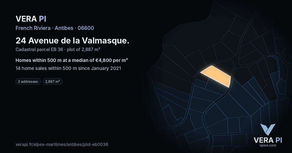 24 Avenue de la Valmasque, Antibes at night – the plot lit, the parcels around coloured by the prices near them