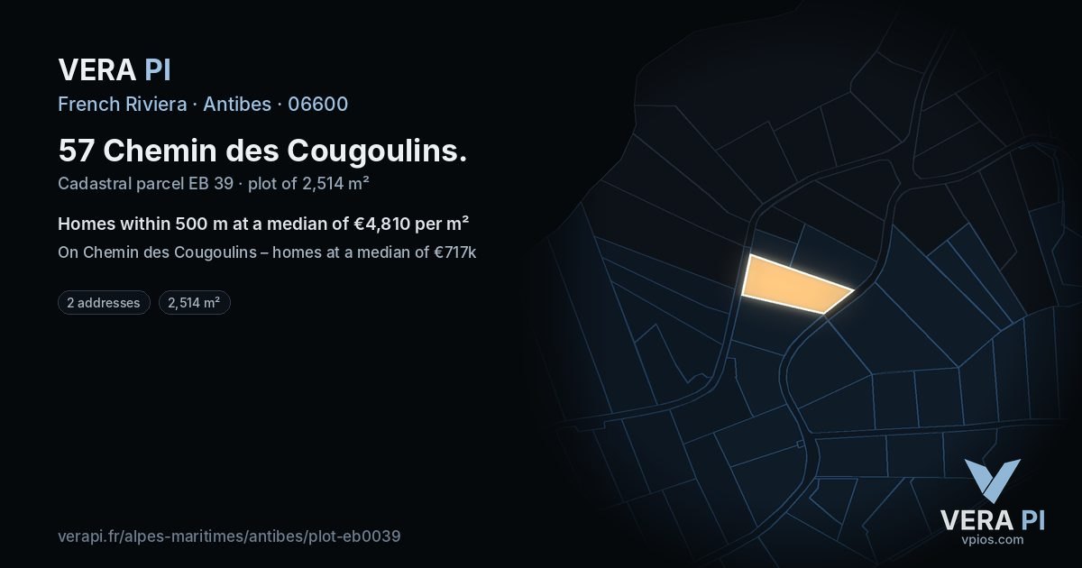 57 Chemin des Cougoulins, Antibes at night – the plot lit, the parcels around coloured by the prices near them