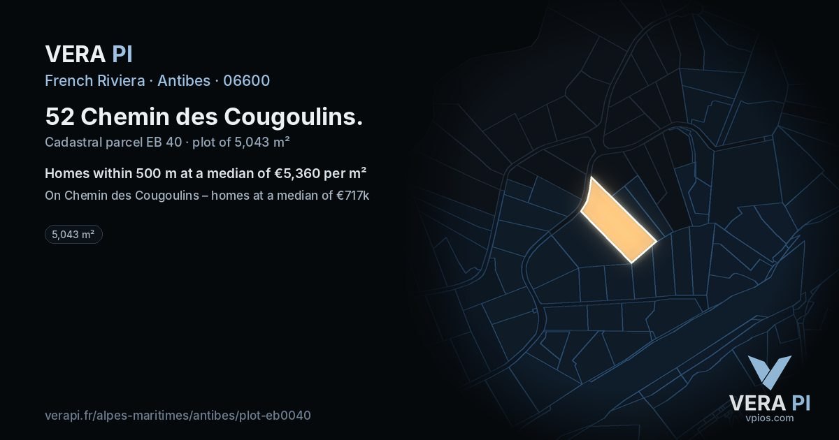 52 Chemin des Cougoulins, Antibes at night – the plot lit, the parcels around coloured by the prices near them