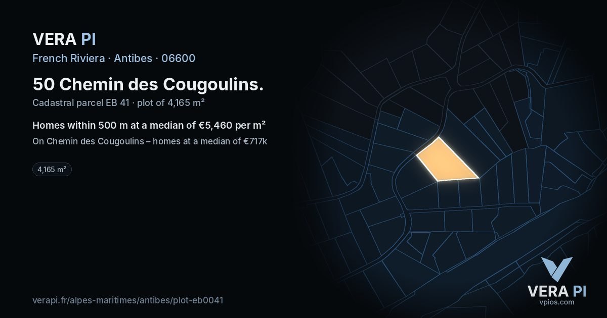 50 Chemin des Cougoulins, Antibes at night – the plot lit, the parcels around coloured by the prices near them