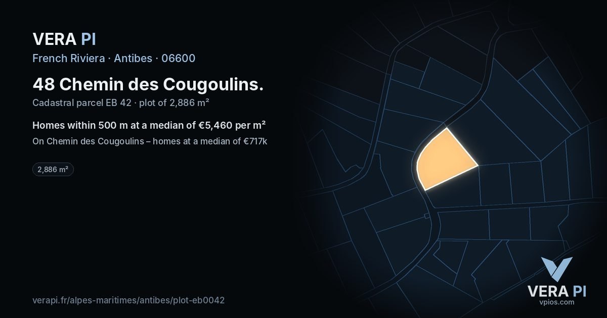 48 Chemin des Cougoulins, Antibes at night – the plot lit, the parcels around coloured by the prices near them