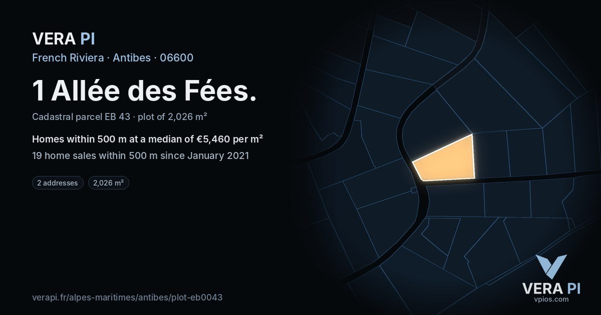 1 Allée des Fées, Antibes at night – the plot lit, the parcels around coloured by the prices near them
