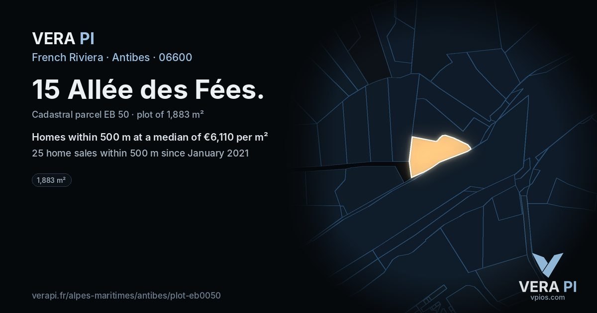 15 Allée des Fées, Antibes at night – the plot lit, the parcels around coloured by the prices near them