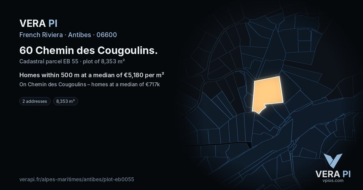60 Chemin des Cougoulins, Antibes at night – the plot lit, the parcels around coloured by the prices near them