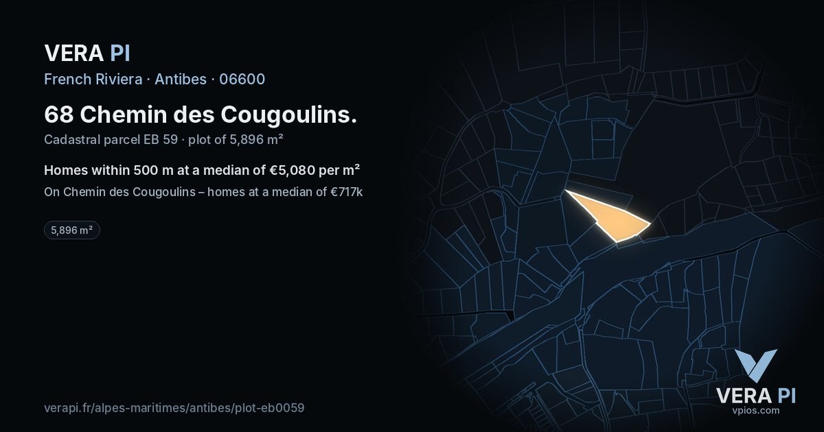 68 Chemin des Cougoulins, Antibes at night – the plot lit, the parcels around coloured by the prices near them