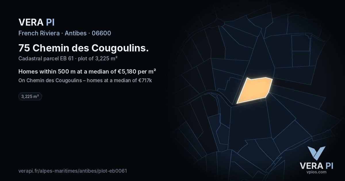 75 Chemin des Cougoulins, Antibes at night – the plot lit, the parcels around coloured by the prices near them