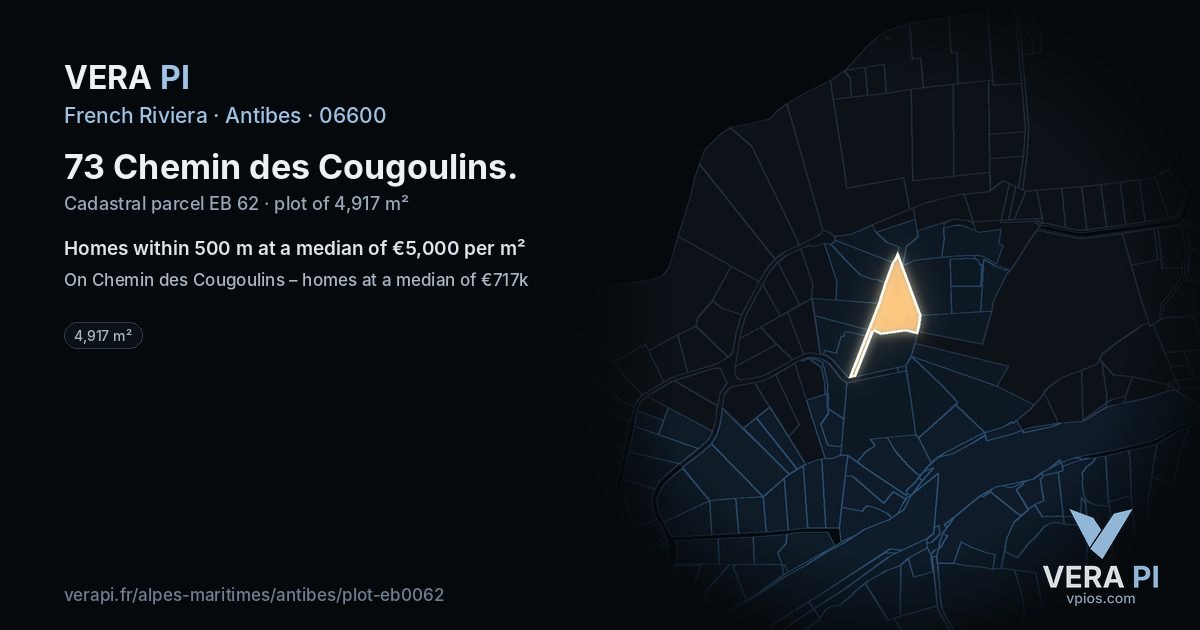 73 Chemin des Cougoulins, Antibes at night – the plot lit, the parcels around coloured by the prices near them